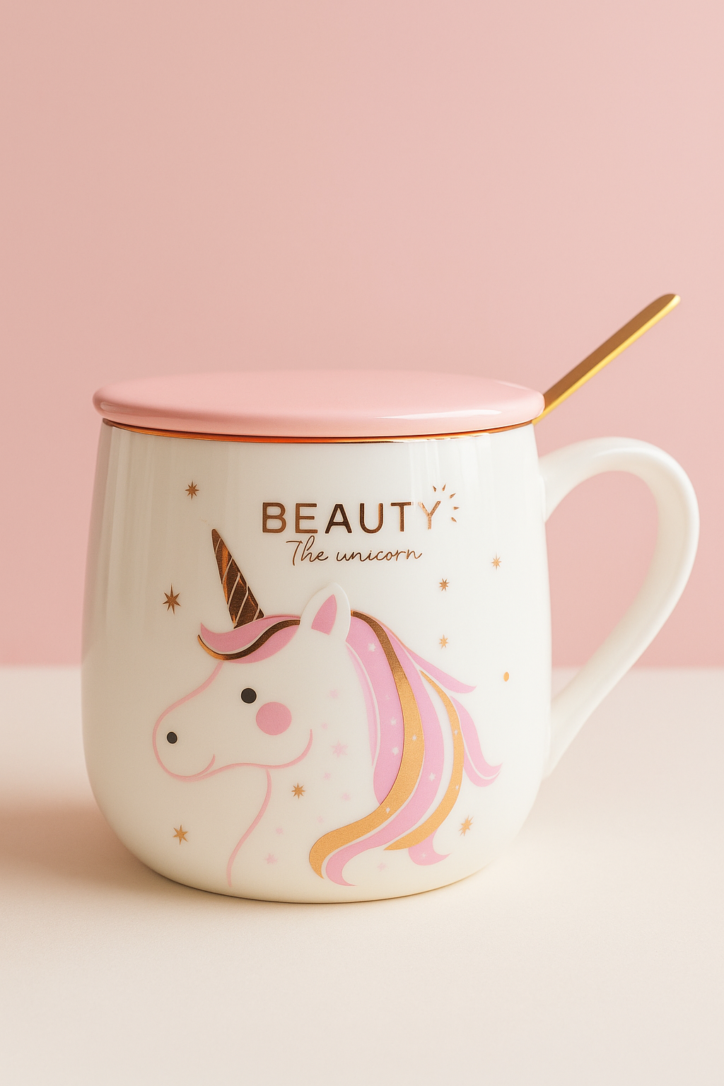 Tazas Unicornio con Tapa Rosa y Cuchara Dorada